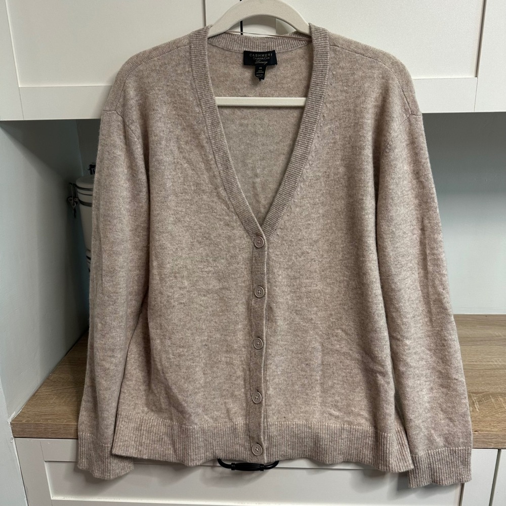 Charter Club Cashmere Cardigan Womens XL Oatmeal V-Neck Button Front Sweater